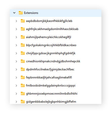 Opening the Extensions folder in the Default folder of the User Data folder