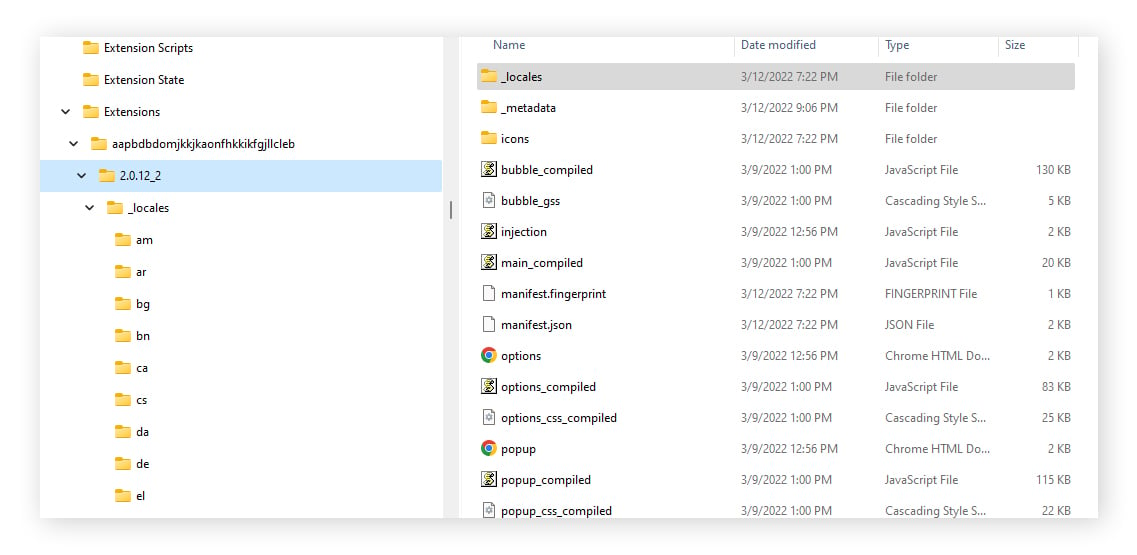 Navigation vers un sous-dossier du dossier Extensions dans l’Explorateur Windows.