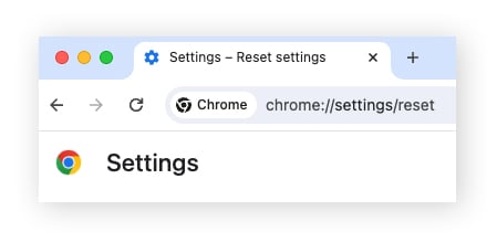 Navigate to the Chrome Reset settings screen via the browser address bar.