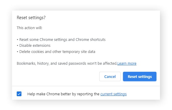 Fenêtre de confirmation de la réinitialisation des paramètres dans Chrome