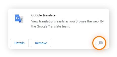 Désactivation de l’extension Google Traduction dans le gestionnaire d’extensions Chrome