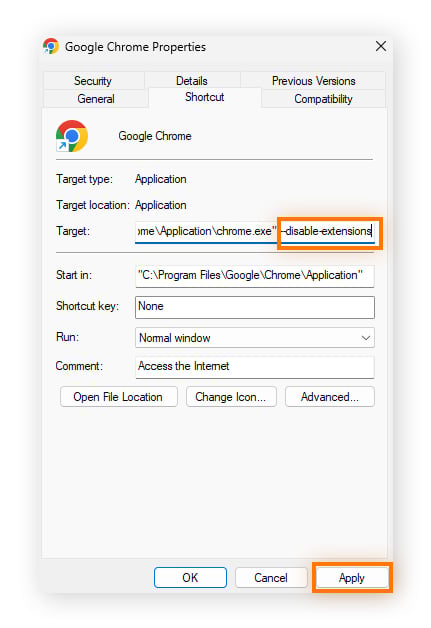 Adição de "--disable-extensions" ao caminho de destino do Google Chrome