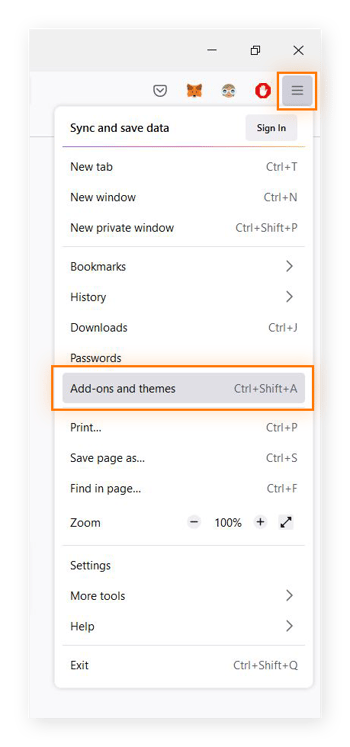 Capture d’écran du menu de Firefox, avec l’option Extensions et thèmes en surbrillance.