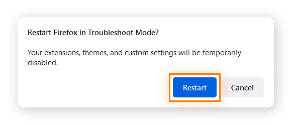 Screenshot of the dialog box asking to restart Firefox in Troubleshoot Mode, with the Restart option in blue.