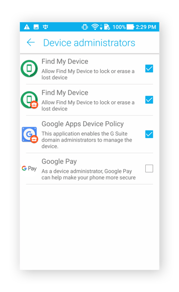 Das Menü „Geräteadministratoren“ unter Android 7.0