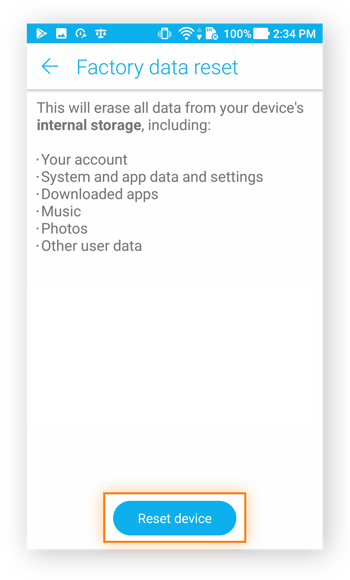 The Factory data reset screen in Android 7.0