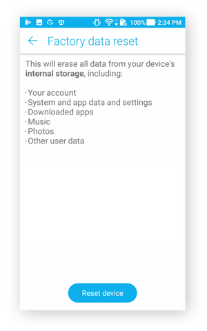 Écran de réinitialisation aux données d’usine d’Android 7, confirmant l’effacement de vos données.