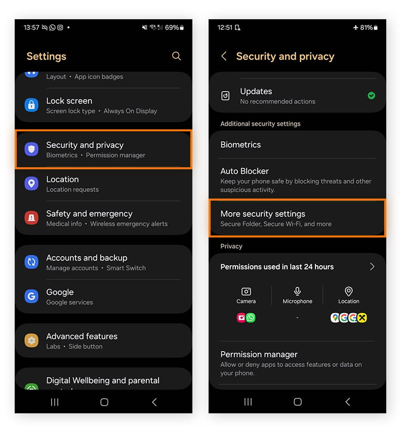 Opening device admin permissions on Android.