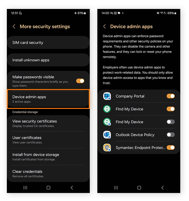 Remoção das permissões de administrador de dispositivo para aplicativos desconhecidos no Android.