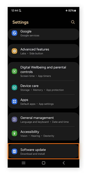 Opening Software update settings on Android.