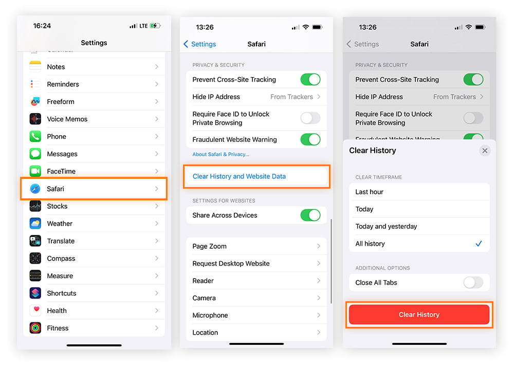 The process for clearing Safari history and website data in iPhone settings.