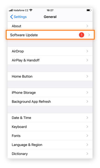 Option Mise à jour logicielle dans la section Général de l’application Réglages de l’iPhone.