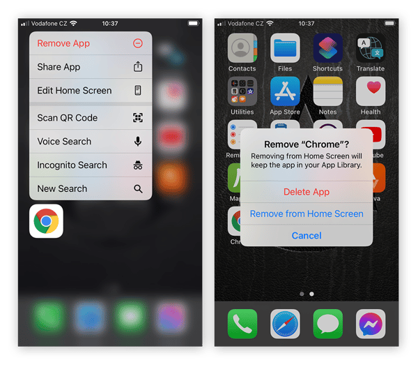Captura de pantalla de la pantalla de inicio del iPhone con la opción de confirmar la eliminación de una aplicación.