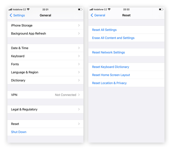 Optionen auf dem Tab „Allgemein“ in der App „Einstellungen“ auf dem iPhone. Die Option „Zurücksetzen“ zum Wiederherstellen der Werkseinstellungen steht unten in der Liste.