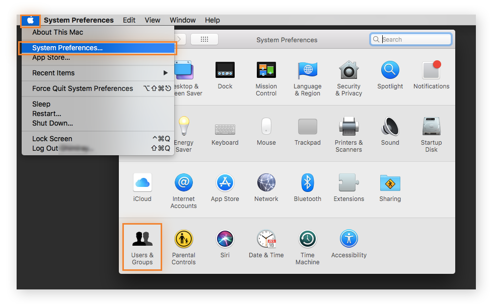 Preferências do sistema macOS, destacando Usuários e grupos.
