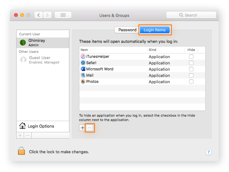 Bloquer les programmes de démarrage dans la fenêtre Utilisateurs et groupes de macOS.