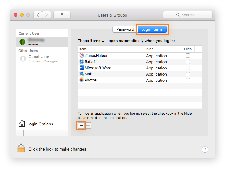 Ändern von Autostart-Programmen im Fenster „Benutzer & Gruppen“ unter macOS.