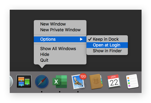 Um aplicativo no dock do macOS, clicado com o botão direito do mouse, mostrando as opções.