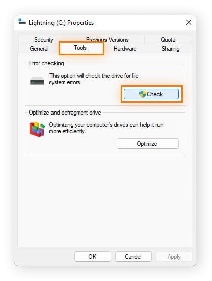 L’onglet Outils proposant l’option Vérification des erreurs sous Windows 11.