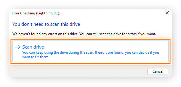 Die Option „Laufwerk scannen“ im Fehlerüberprüfungstool unter Windows 11.