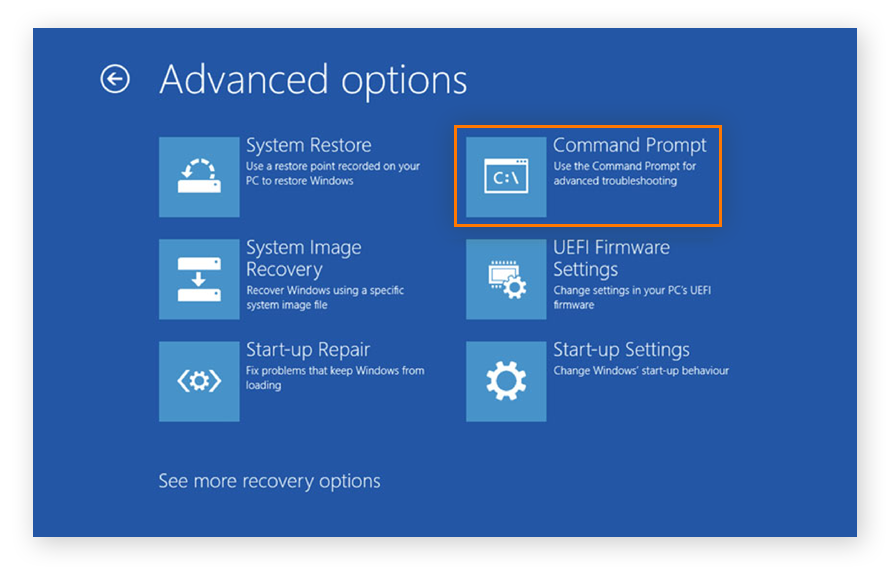 Options avancées de résolution des problèmes sous Windows 10, ouvertes à partir du support d’installation.