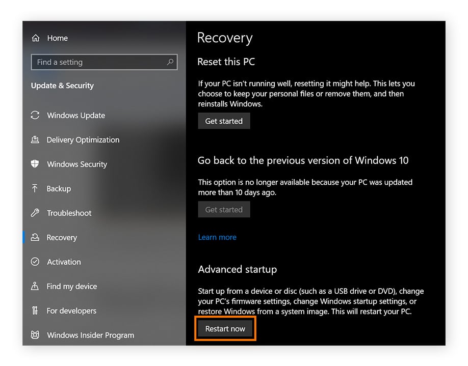A view of Recovery settings in Windows. "Restart now" under Advanced Startup is circled.