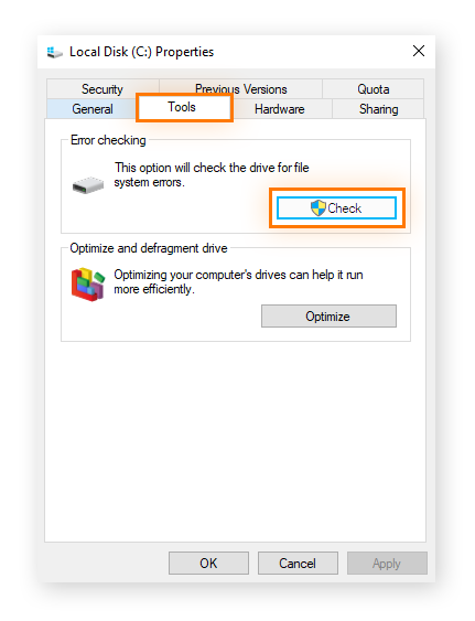 Pestaña Herramientas en la herramienta Comprobación de errores en Windows 10.