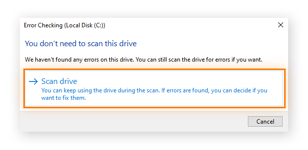 Scan drive option in the Error Checking tool on Windows 10.