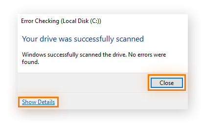 The Error Checking tool successfully completes a drive scan on Windows 10.