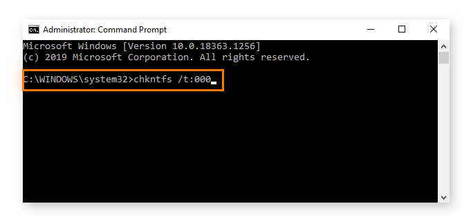 Changing a scheduled CHKDSK scan using time commands in the Command Prompt on Windows 10.