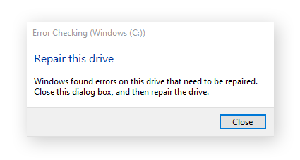 CHKDSK found errors while scanning a drive on Windows 10.