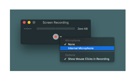 La barra de herramientas Grabación de pantalla de la aplicación QuickTime Player del Mac.