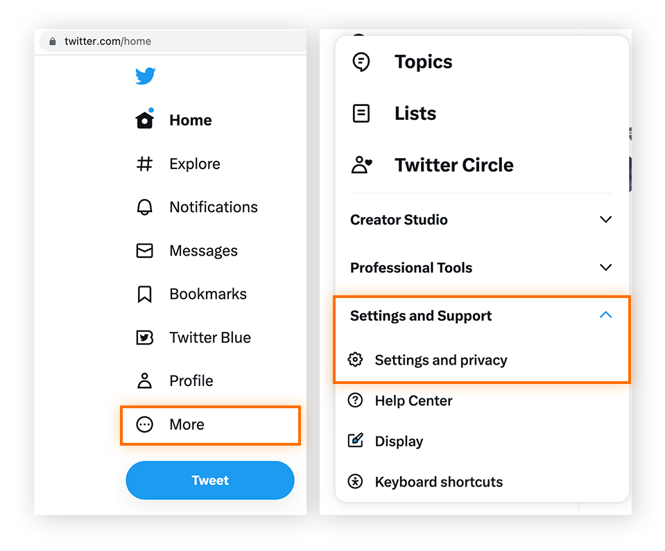 Para permitir conteúdo sensível no Twitter, acesse Mais > Configurações e suporte > Configurações e privacidade.