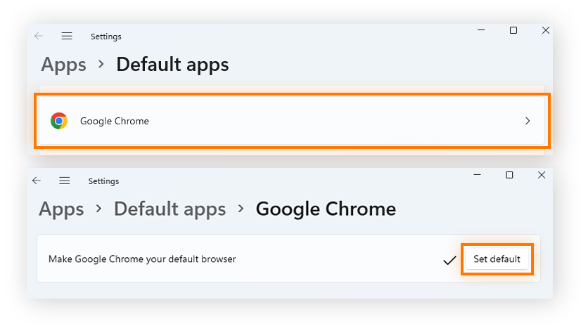 Choose Google Chrome in default apps settings to make Chrome default browser on Windows 11.