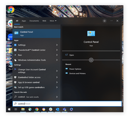 Selecione o botão Iniciar do Windows > Painel de Controle para iniciar o processo de alteração do navegador padrão para o Chrome.