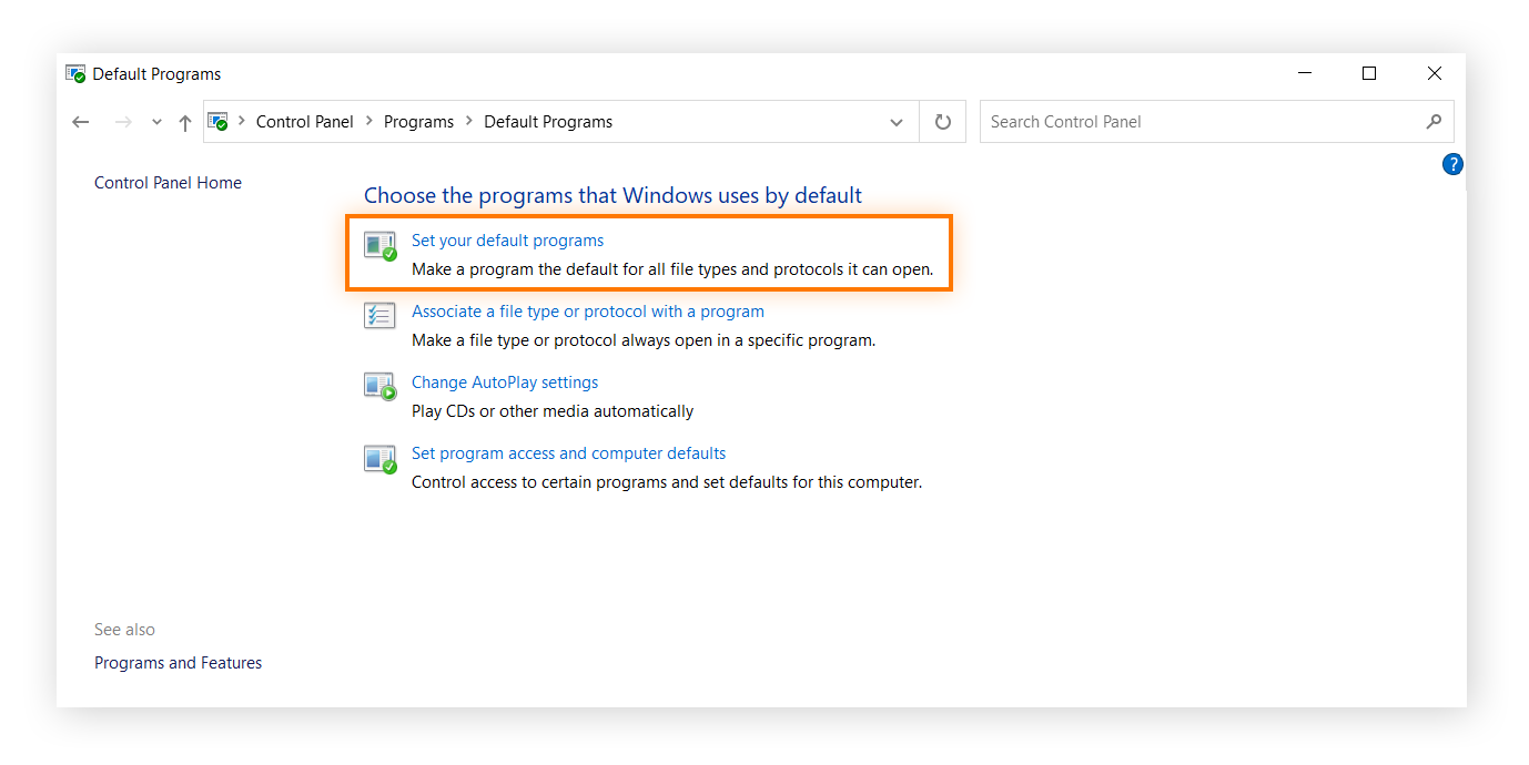 Em Programas padrão do Windows, selecione Definir seus programas padrão para tornar o Chrome seu navegador padrão.