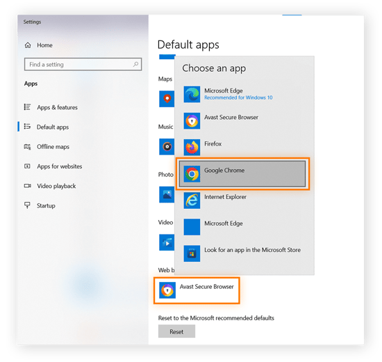 Legen Sie Chrome unter Windows 10 in den Einstellungen für Standardprogramme als Standardbrowser fest.
