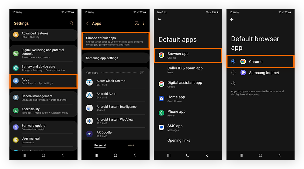 Ouvrez les paramètres Android, puis appuyez sur Apps > Choisir les applications par défaut > Applications de navigateur pour changer votre navigateur par défaut en Chrome sous Android.
