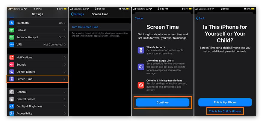 Ouverture des paramètres Temps d’écran depuis l’iPhone iOS 17 et activation de Temps d’écran.