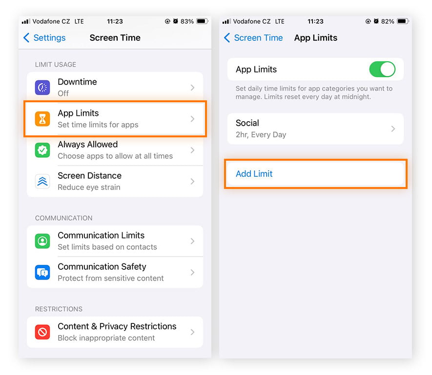 selecionar o recurso Limites de Apps no aplicativo Tempo de uso no iOS 17.