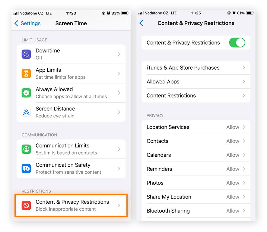 Activar Restricciones de contenido y privacidad en iOS 17.