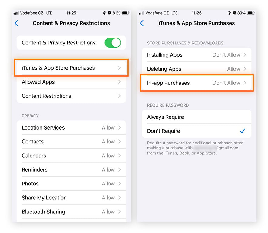 Désactivation des achats dans l’application par le biais de la fonction Restrictions relatives au contenu et à la confidentialité dans Temps d’écran pour iOS 17.