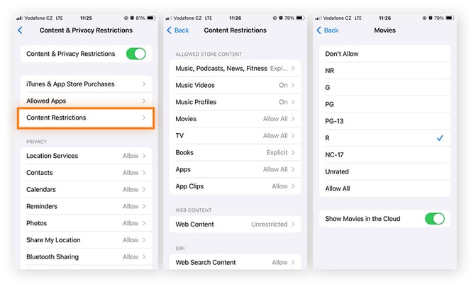 Aufruf und Anpassung der Inhaltsbeschränkungen in der Funktion für Beschränkungen für Inhalt und Datenschutz in Bildschirmzeit unter iOS 17.
