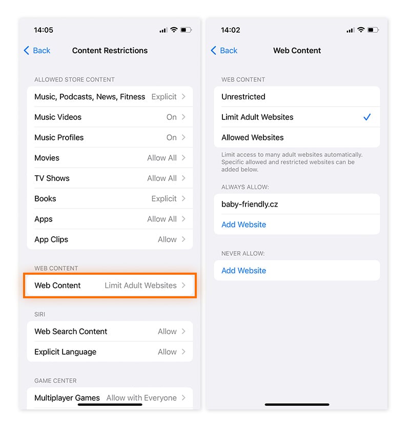 Limitar sitios web para adultos en el menú Restricciones de contenido en Tiempo de uso para iOS 17.