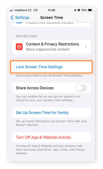 Aufrufen der Einstellung zum Sperren von Bildschirmzeit in der Bildschirmzeit-Apps unter iOS 17.