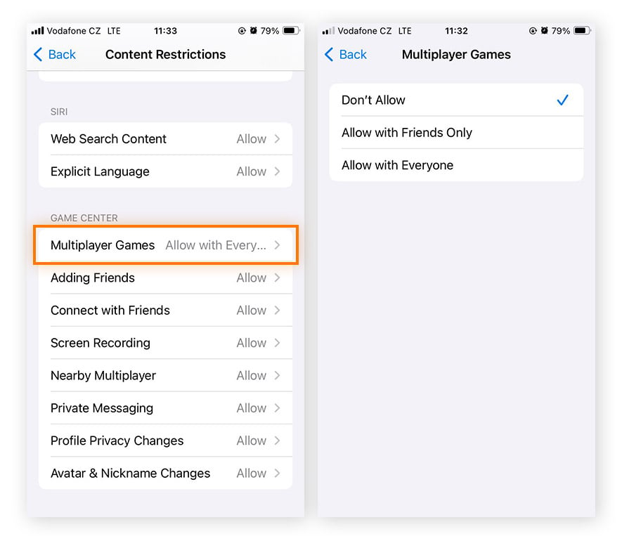 Interdire les jeux multijoueurs dans la fonction Restrictions relatives au contenu et à la confidentialité du temps d’écran dans iOS 17.