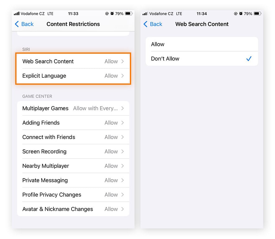  Desactivar la opción Contenido de búsqueda web en Restricciones de contenido y privacidad en Tiempo de uso en iOS 17.