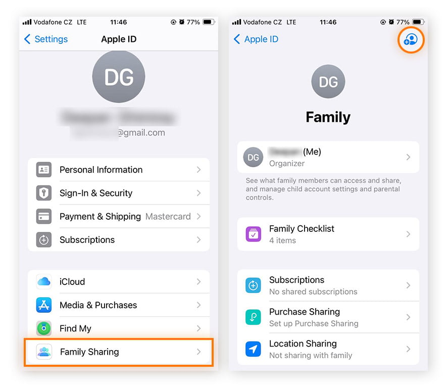 Acessar a tela do grupo Compartilhamento familiar no iOS 17.