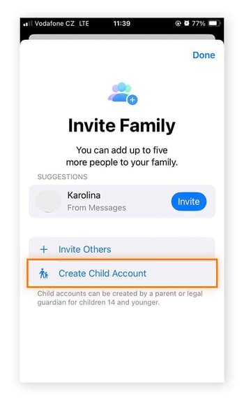 Adicionar membros da família ao grupo de Compartilhamento familiar no iOS 17.