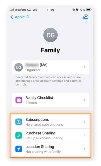Cambiar los permisos del uso compartido de datos en la función Compartir en familia en iOS.
